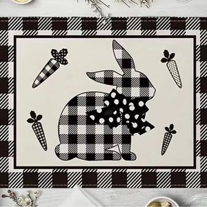 Set 4 White/ Black Bunny Rabbit Buffalo Plaid 12" x 18" Easter Placemats Modern